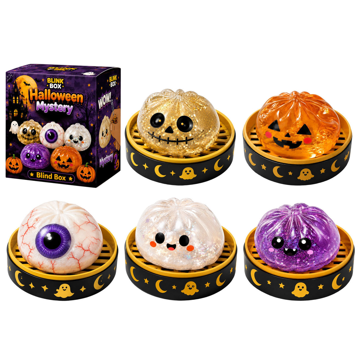 Halloween Ghost Dumpling Squeeze Toy, Steamed Maltose Stress Relief Toy, Holiday Gift Box Set Toy