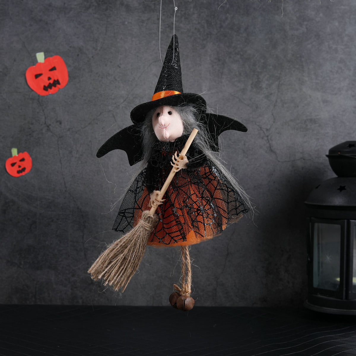 Halloween Witch with Broom Gauze Skirt Hanging Ornament
