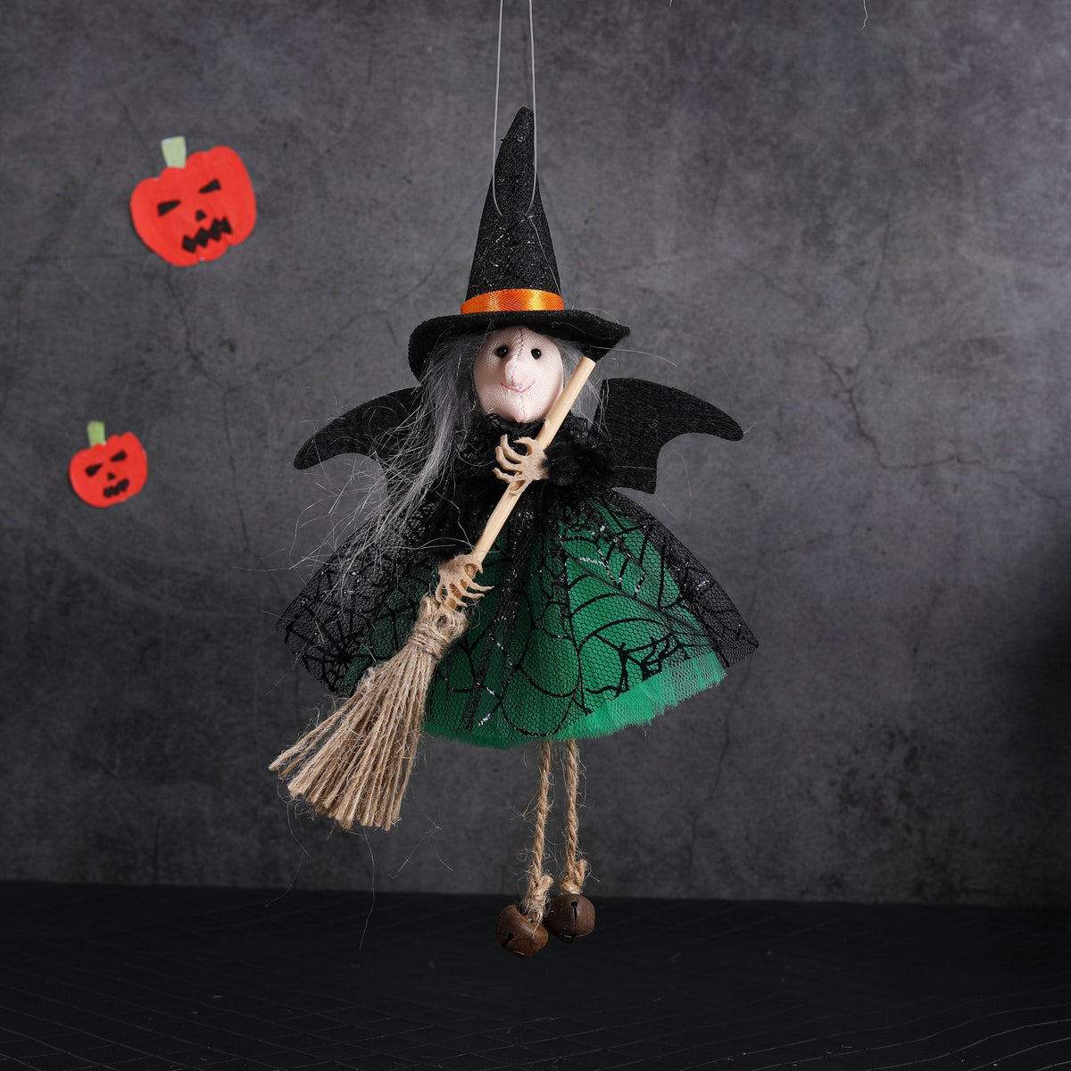 Halloween Witch with Broom Gauze Skirt Hanging Ornament